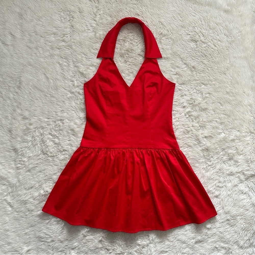 Anthropologie Dress Maeve Halter Drop-Waist Mini V-neck Red M NWT New